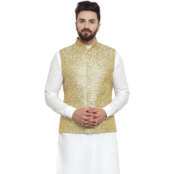 New Designer Men Green Brocade Nehru Jacket By Luxury at Less