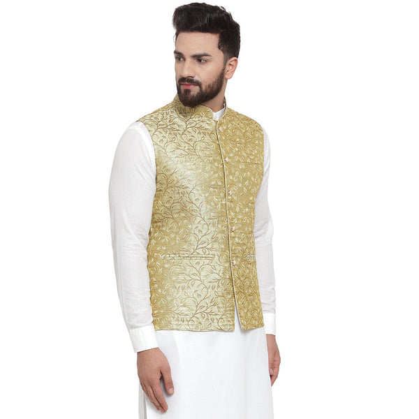New Designer Men Green Brocade Nehru Jacket By Luxury at Less