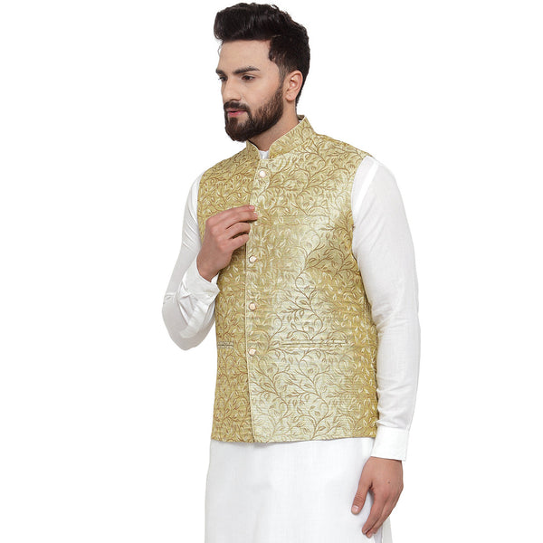 New Designer Men Green Brocade Nehru Jacket By Luxury at Less