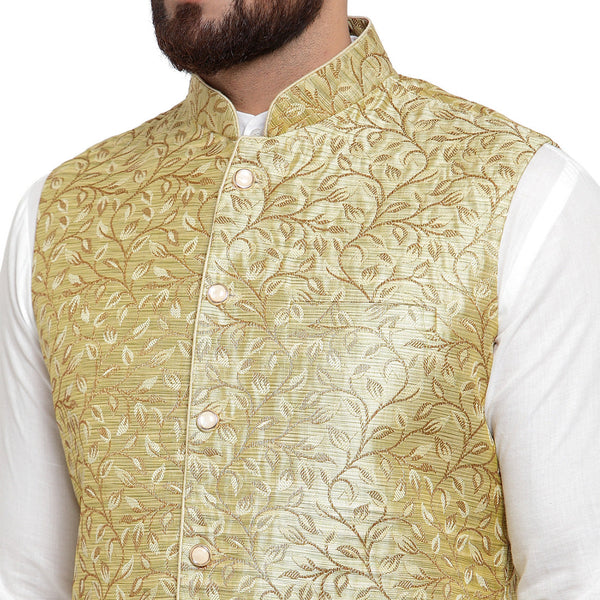 New Designer Men Green Brocade Nehru Jacket By Luxury at Less