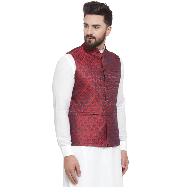 Luxury at Less New Designer Men Maroon Brocade Nehru Jacket For Men