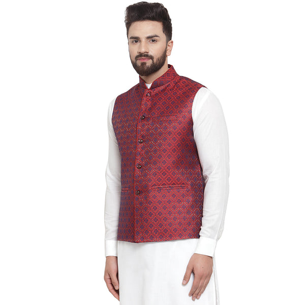 Luxury at Less New Designer Men Maroon Brocade Nehru Jacket For Men