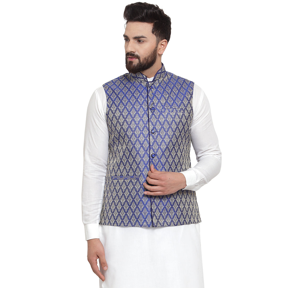 Luxury at Less New Designer Men Blue Brocade Nehru Jacket For Men
