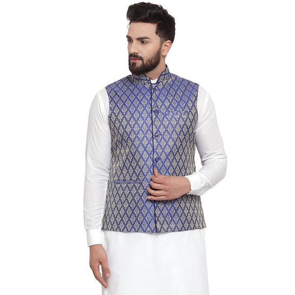 Luxury at Less New Designer Men Blue Brocade Nehru Jacket For Men
