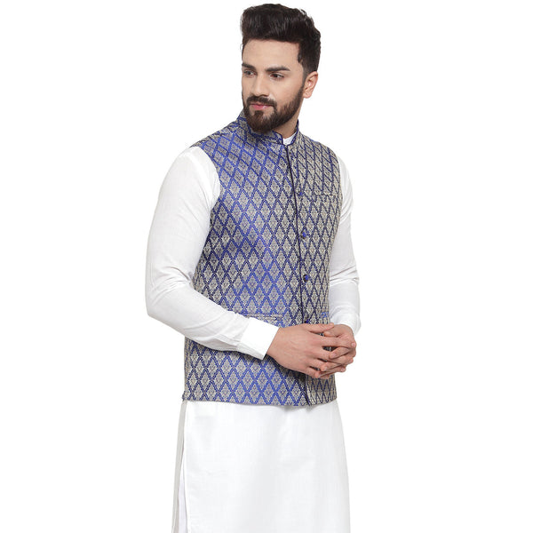 Luxury at Less New Designer Men Blue Brocade Nehru Jacket For Men