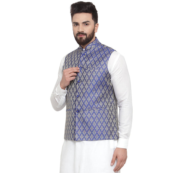Luxury at Less New Designer Men Blue Brocade Nehru Jacket For Men