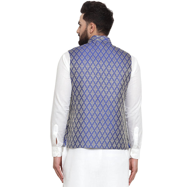 Luxury at Less New Designer Men Blue Brocade Nehru Jacket For Men