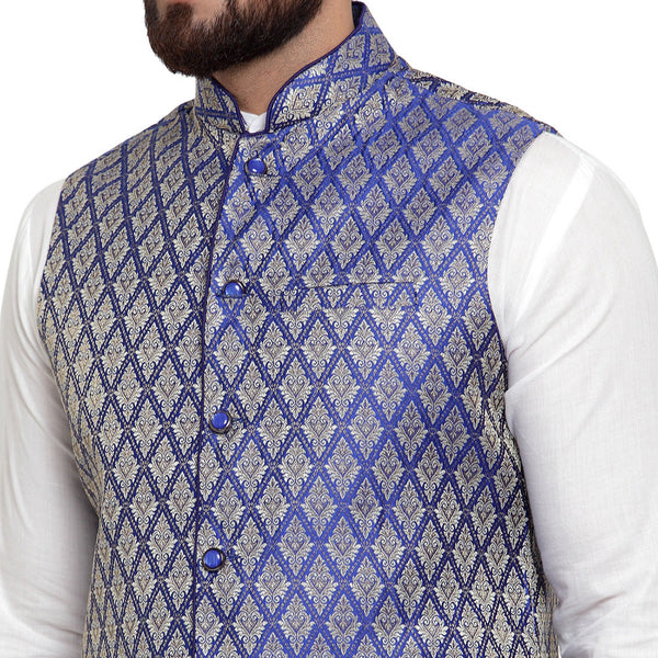 Luxury at Less New Designer Men Blue Brocade Nehru Jacket For Men