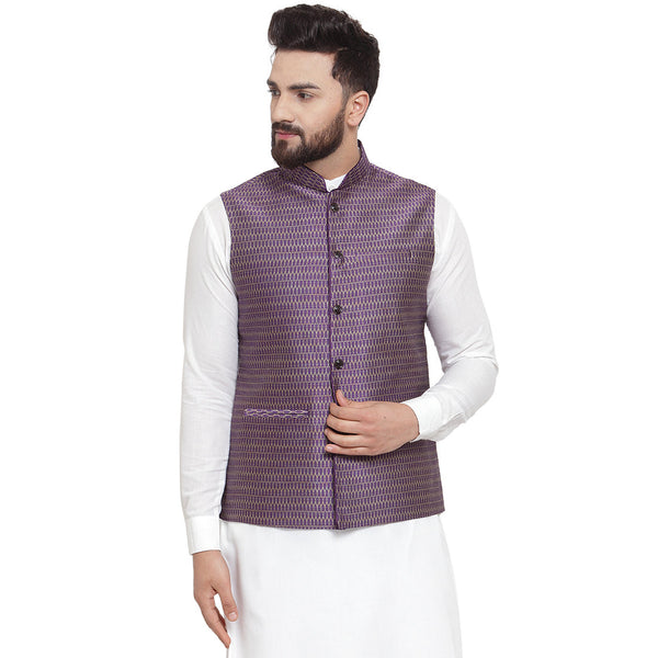 New Designer Men Violet Brocade Nehru Jacket By Luxury at Less