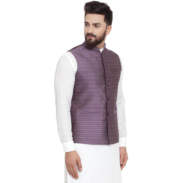 New Designer Men Violet Brocade Nehru Jacket By Luxury at Less
