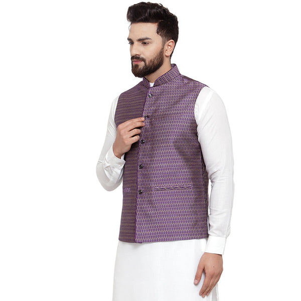 New Designer Men Violet Brocade Nehru Jacket By Luxury at Less