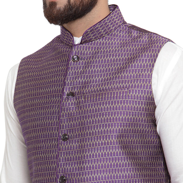 New Designer Men Violet Brocade Nehru Jacket By Luxury at Less