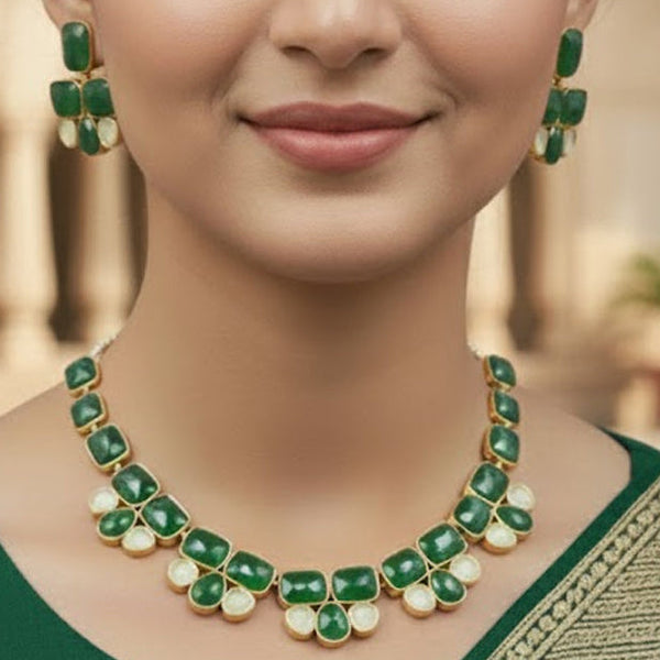 Golden Plated Precious Stone Necklace Set with Green Quartz & Pearl Drops
