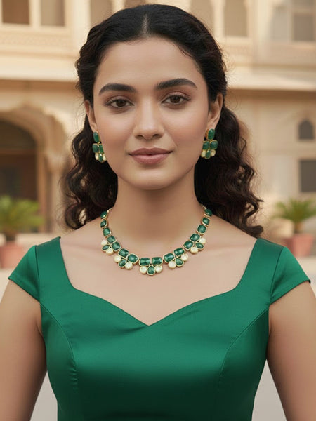 Golden Plated Precious Stone Necklace Set with Green Quartz & Pearl Drops