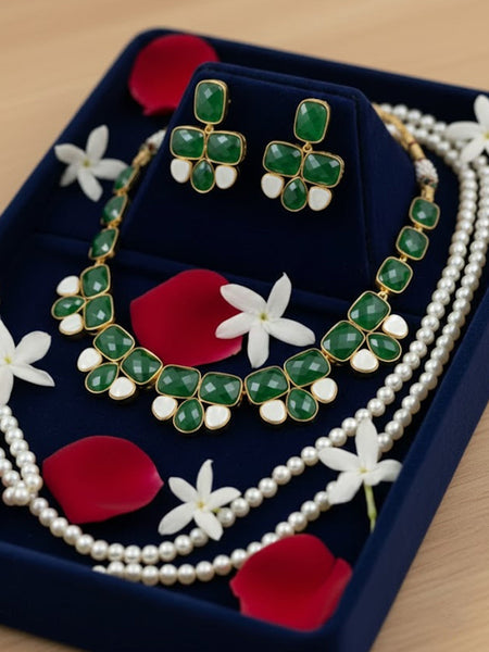 Golden Plated Precious Stone Necklace Set with Green Quartz & Pearl Drops