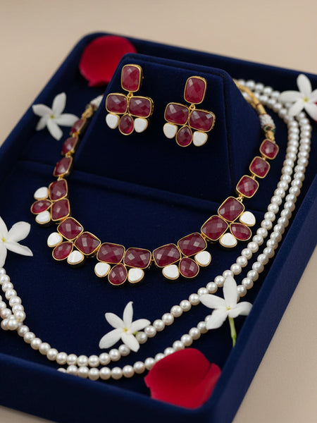 Golden Plated Precious Stone Necklace Set in Red Strawberry Quartz & Amethyst Finish