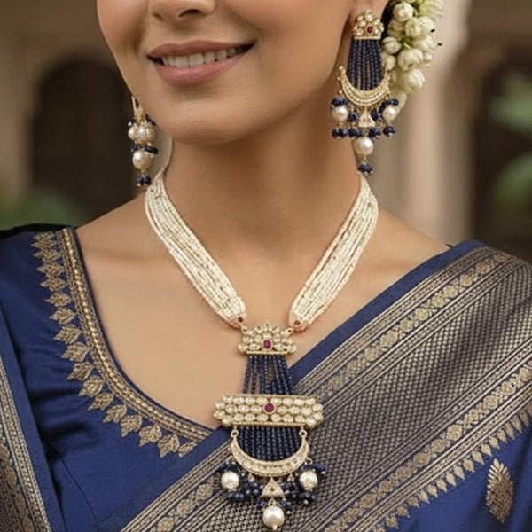 Royal Golden Plated Moissanite Polki Necklace Set with Pearl & Bead Detailing