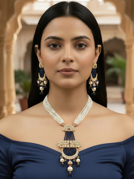 Royal Golden Plated Moissanite Polki Necklace Set with Pearl & Bead Detailing