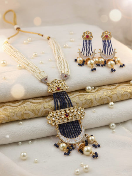 Royal Golden Plated Moissanite Polki Necklace Set with Pearl & Bead Detailing