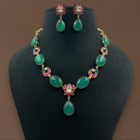 Regal Emerald & Ruby Stone Necklace Set with Floral Accents