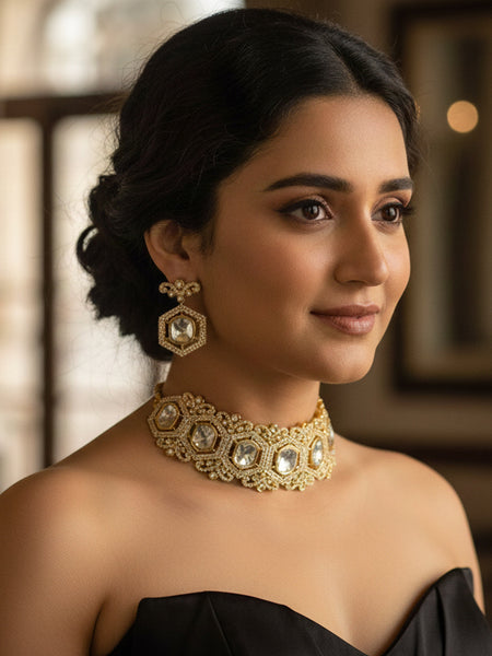 Golden Plated Moissanite Polki Choker with Matching Earrings & Ring