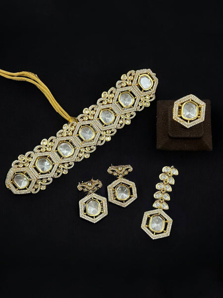 Golden Plated Moissanite Polki Choker with Matching Earrings & Ring