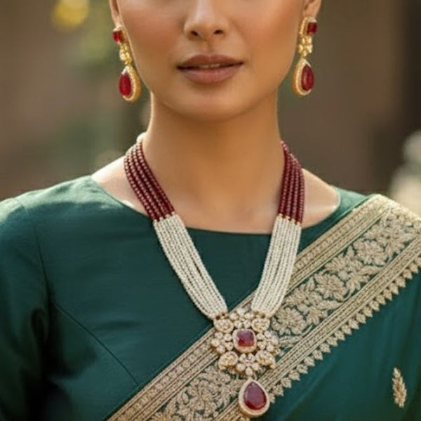 Royal Red & Pearl Golden Plated Handcrafted Necklace Set