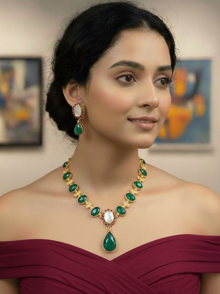 Designer Brass Necklace with Semi-Precious Stones in Gold Plating