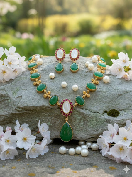 Designer Brass Necklace with Semi-Precious Stones in Gold Plating