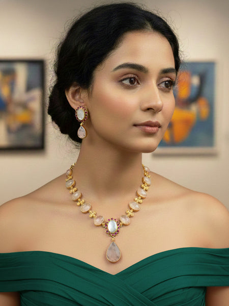 Semi-Precious MOP & Pink Quartz Necklace Set in Golden Finish