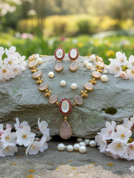 Semi-Precious MOP & Pink Quartz Necklace Set in Golden Finish