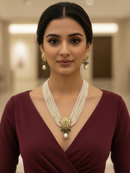 Traditional Kundan Cheed Beaded Necklace Set in Golden Finish