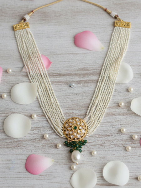 Traditional Kundan Cheed Beaded Necklace Set in Golden Finish
