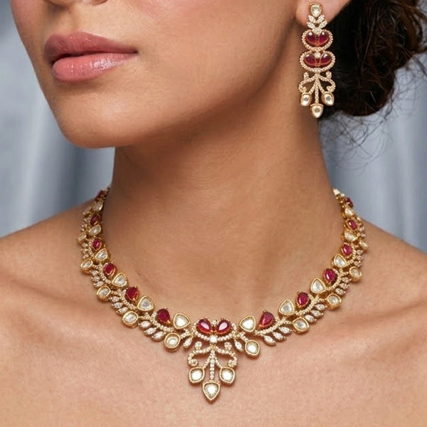 Classic AD Polki Necklace Set with Hydro Ruby Stones