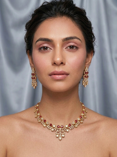 Classic AD Polki Necklace Set with Hydro Ruby Stones