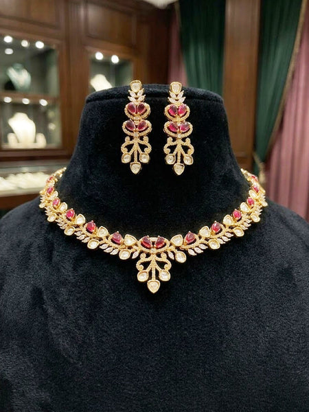 Classic AD Polki Necklace Set with Hydro Ruby Stones