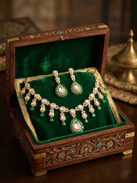 Classic Green AD Polki Necklace Set with Hydro Stones