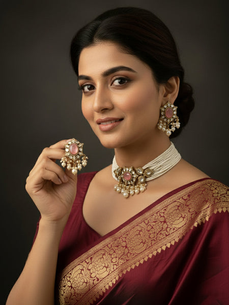 Victorian Polish Pearl Choker Set with Pink Doublets, Moissanite Polki & CZ