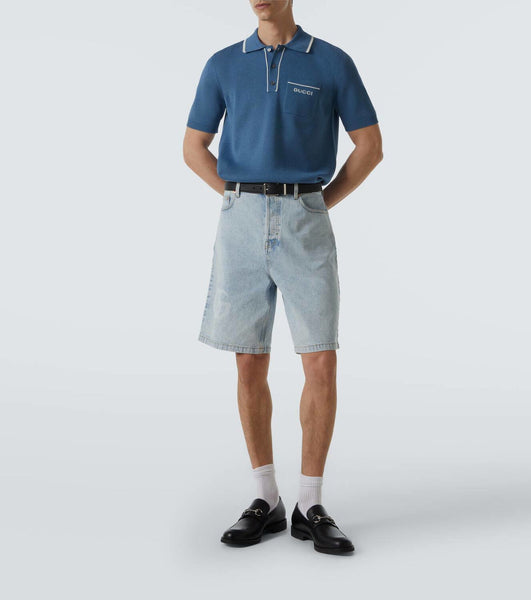 Men’s Blue Cotton Piqué Polo Shirt with Embroidered Pocket Logo