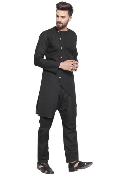 Black Kurta With Aligarh Pajama Set in Linen For Men by Luxury at Less