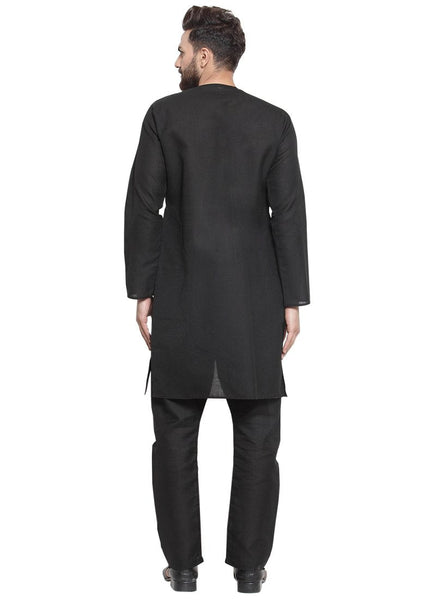 Black Kurta With Aligarh Pajama Set in Linen For Men by Luxury at Less