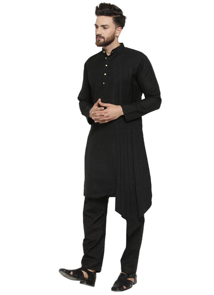 Black Kurta  With Aligarh Pajama Set in Linen For Men by Luxury at Less