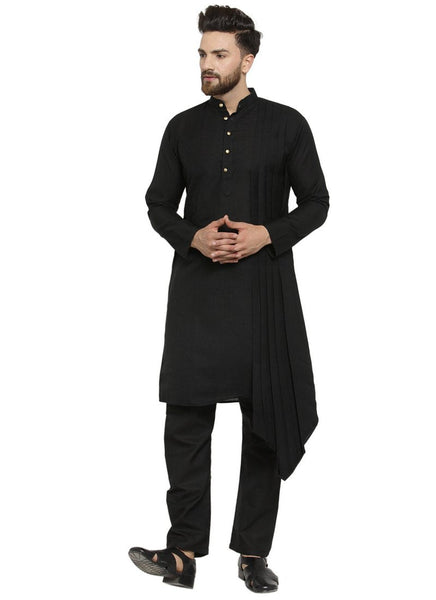 Black Kurta  With Aligarh Pajama Set in Linen For Men by Luxury at Less