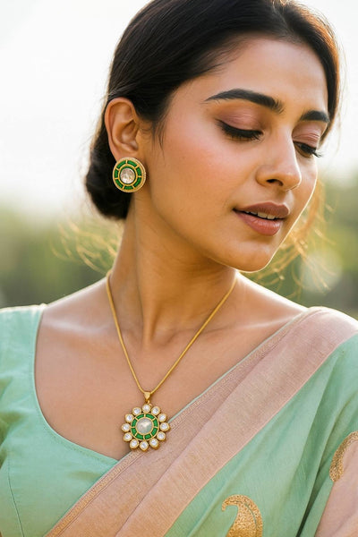Elegant Kundan Green Floral Pendant Set with Earrings  Traditional Gold Finish Jewelry