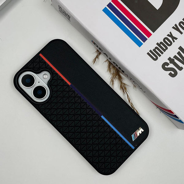 BMW Tricolor Stripe Metal Logo Case For iPhone 17 Series Premium Leather Grip & Sleek Protection Case