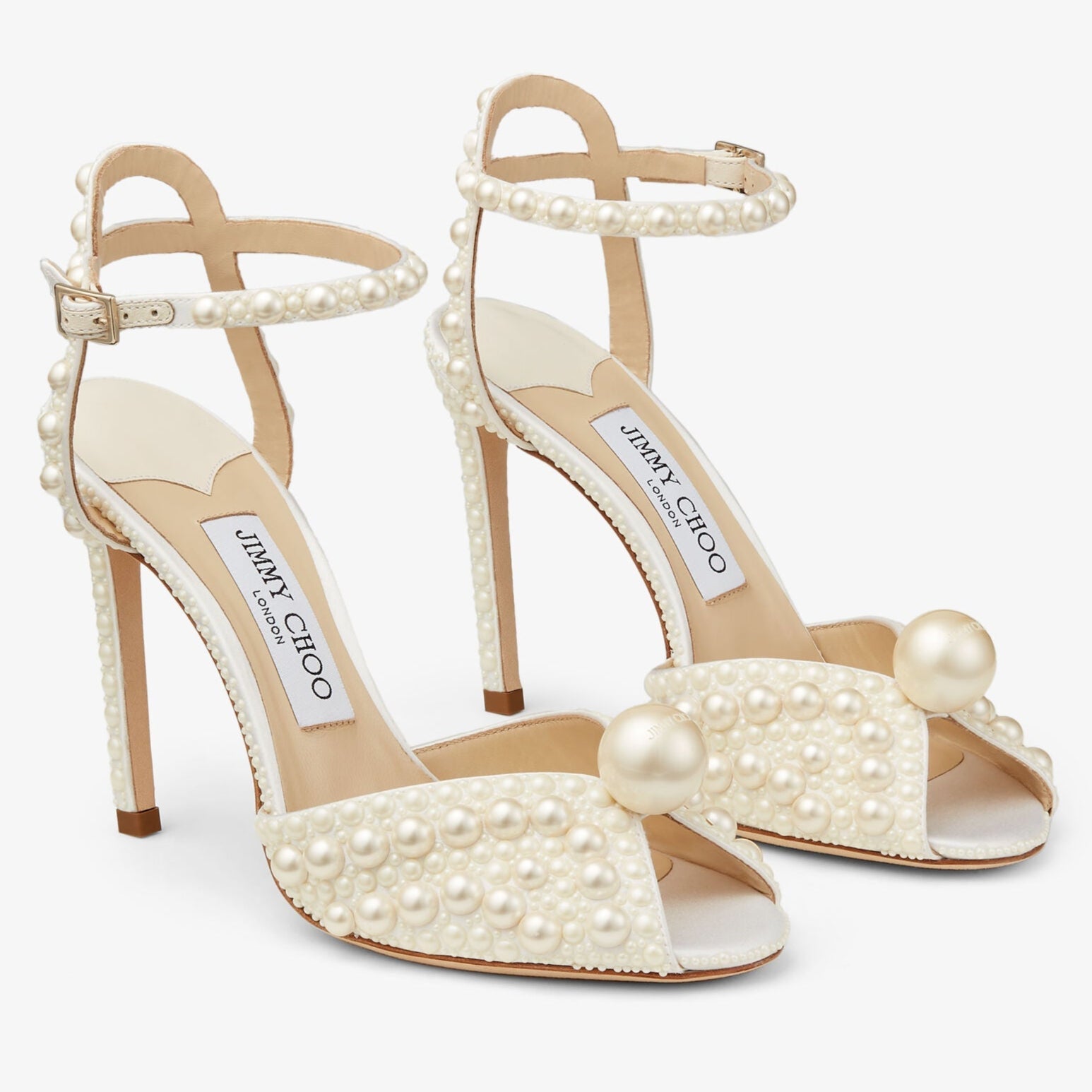 White Satin Sandals with All Over Pearls