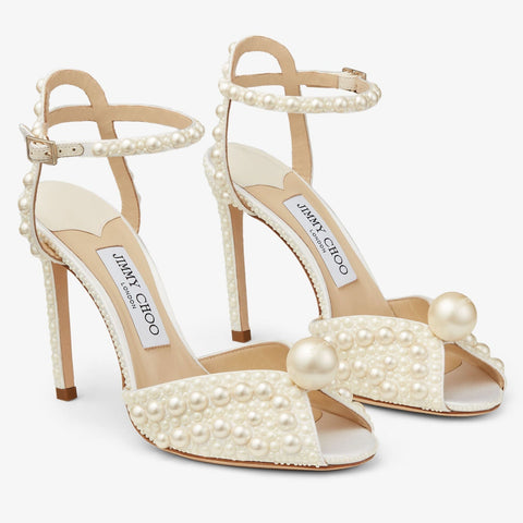 White Satin Sandals with All Over Pearls