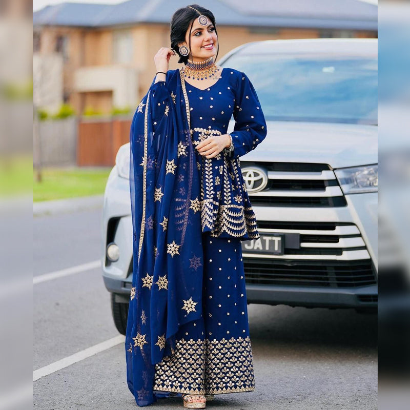 Beautiful Heavy Plazzo Suit with Embroidery and Foil Mirror work.