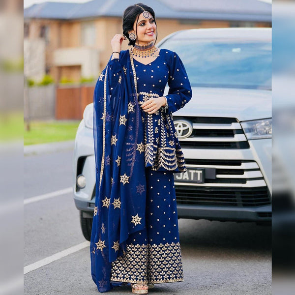 Beautiful Heavy Plazzo Suit with Embroidery and Foil Mirror work.