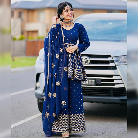 Beautiful Heavy Plazzo Suit with Embroidery and Foil Mirror work.